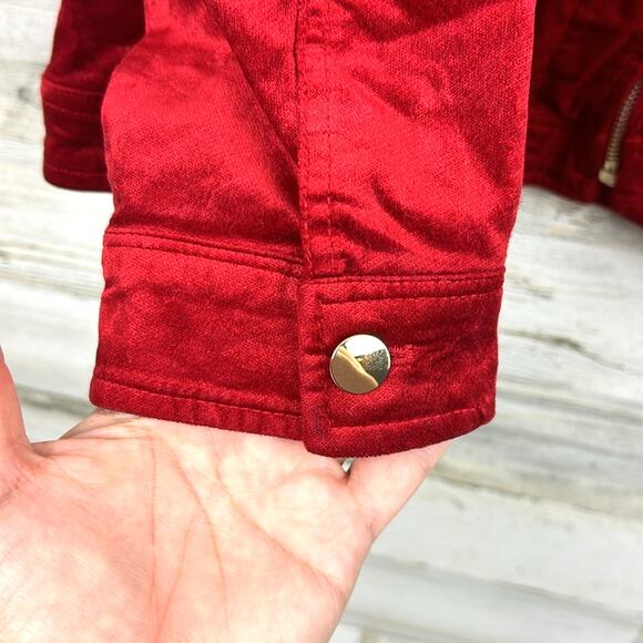 Chico’s Women’s M Red Cotton Velvet Long Sleeve Button Front Holiday Jacket Coat - Picture 4 of 8